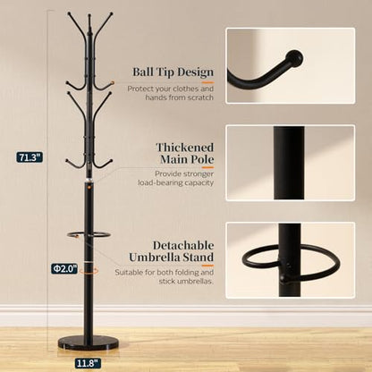 Yoobure Metal Coat Rack Freestanding with Marble Base, Coat Tree with 12 Hooks & Umbrella Holder, Coat Hanger Stand for Corner Entryway Bedroom Office, Heavy Duty Coat Rack Stand for Clothes Hats Bags