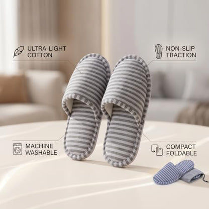 VGEBY 1 Pair Travel Foldable Slippers Anti-slip with Drawstring Storage Bag for Home Hotel Flight Indoor Outdoor(Color : Grey Stripes for Women)