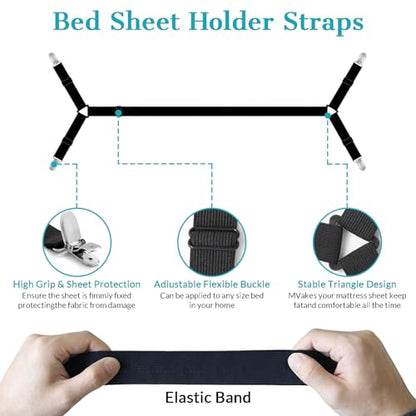 4 Pack Bed Sheet Straps Adjustable Criss - Cross Sheet Holders for Corners Heavy Duty Bed Sheet Clips Fasteners Keep Sheets in Place on Mattress Black