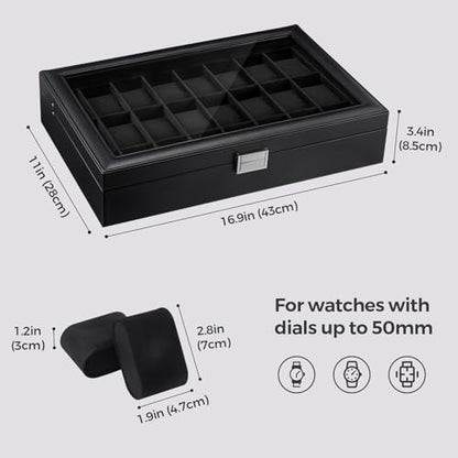 ProCase Watch Box for Men, 24 Slot Display Case with Real Glass Lid | Premium Storage Holder Organizer with Removable Pillows, Gift for Dad & Father's Day & Watch Collectors