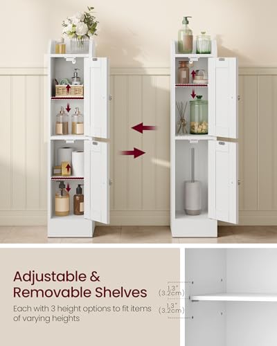 VASAGLE Storage Cabinet Slim with Reversible Doors, Farmhouse | Small Storage Corner Floor Cabinet, Narrow Orgnizer, Adjustable Shelves, Cloud White, Siren Collection, UBBK312WB01S