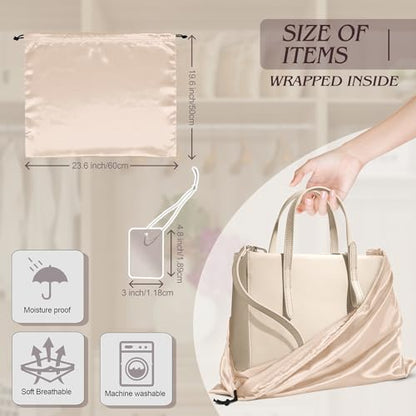 Manyshofu Beige Satin Dust Bags, 7 Pack Drawstring Storage 23.6x19.6 | Protects Handbags From Dust And Moisture, Soft Breathable Fabric, Washable Drawstring Closure, Folds For Travel, 7 Pack