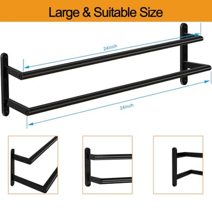 Double Towel Bar, 24Inch Towel Rack for Bathroom, Stainless Steel Double Bath Towel Bar, Wall Mounted Towel Holder, Double Towel Rod Towel Rail Hanger for Wall, Kitchen (Matte Black)