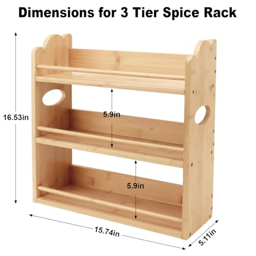 3 Tier Bamboo Spice Rack, Spice Rack Organizer, Seasoning Jars Rack Shelf Spice Organizer for Kitchen Counter or Wall Mounting, Spice Storage Holder with handles, Jars Not Included,Natural