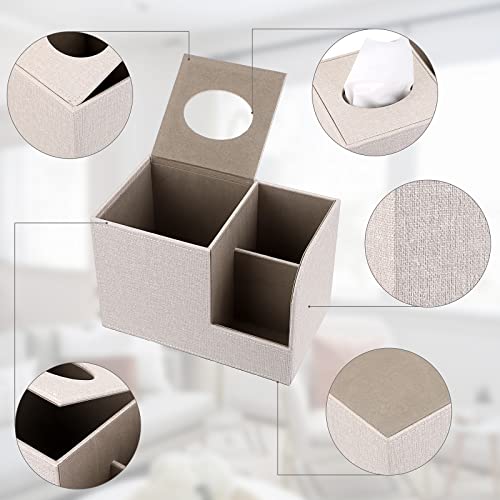 Sumnacon Square Linen Tissue Box Cover - Decorative Cube Tissue Box Holder with Side Organizer, Modern Tissue Box for Living Room Vanity Night Stand Table Countertop Office, Beige