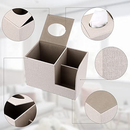 Sumnacon Square Linen Tissue Box Cover - Decorative Cube Tissue Box Holder with Side Organizer, Modern Tissue Box for Living Room Vanity Night Stand Table Countertop Office, Beige