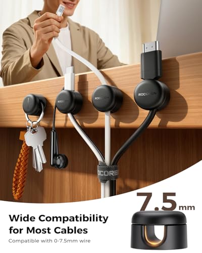 Rocoren 50 PCS Cable Management Kit, 10 Magnetic Rotatable Cable Clips & 40 Reusable Hook and Loop Cord Straps, Cord Holder Organizer Accessories for Under Desk, Nightstand, Home & Office