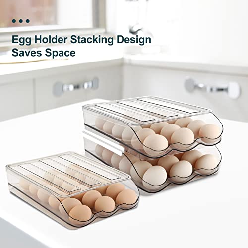 MesRosa Egg Holder for Fridge, Automatic Rolling Container Storage 36 Eggs | Clear Large Capacity Egg Organizer for Refrigerator with Lid, Stackable Dispenser, Tray & Bin, Saving Space -2 Layer
