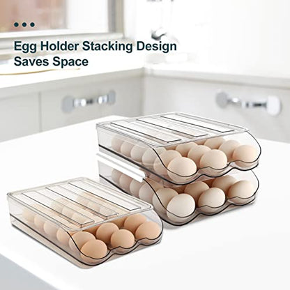 MesRosa Egg Holder for Fridge, Automatic Rolling Container Storage 36 Eggs | Clear Large Capacity Egg Organizer for Refrigerator with Lid, Stackable Dispenser, Tray & Bin, Saving Space -2 Layer