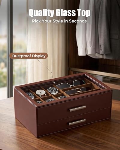 ProCase Watch Case, Mens Jewelry Box for 6 Watch & 5 Sunglasses -Brown | Pull-Out Drawer 2-Tier Leather Watch Organizer with Glass Display Top, fit Watches Size Up to 50 mm, Gift for Men & Women