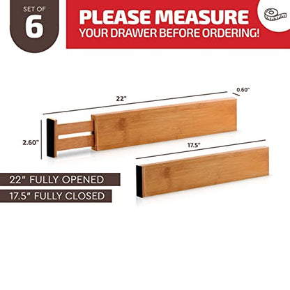6-Pack Drawer Dividers 2.6-Inch High Dresser Drawer Organizer 16 to 22 Inch | Bamboo, Spring Loaded, No Tools Needed, Fits Wide Drawers for Socks, Clothes, Utensils, Bedroom, Bathroom, Kitchen, Office