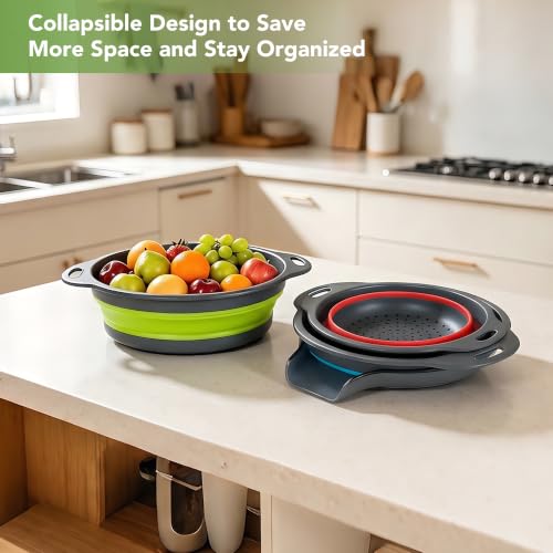 3-Pack Collapsible Colander for Kitchen with Self-Draining Base Foldable Strainers Set Round Silicone Food Drainer for Pasta Fruits and Vegetables (3QT, 4QT and 5QT)