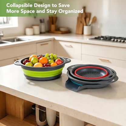 3-Pack Collapsible Colander for Kitchen with Self-Draining Base Foldable Strainers Set Round Silicone Food Drainer for Pasta Fruits and Vegetables (3QT, 4QT and 5QT)