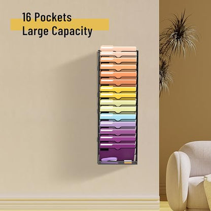 16-Tier Hanging Wall File Holder Organizer for Papers, Folders, Files Clipboard & Magazine Organization Great for Office Home, Assembly Needed, Black | Paper, Folder, Magazine Rack Great for Office Home School, Assembly Needed, Black