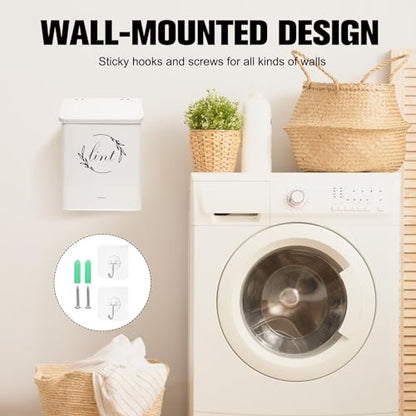 Magnetic Lint Bin for Laundry Room, Metal Lint Trash Can with Lid for Dryer, Wall Mounted Lint Holder Box with Lint Brush, Modern Farmhouse Laundry Room Decor, Cream