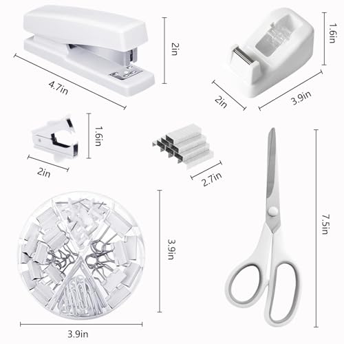 Office Supplies, White Desk Accessories,Desk Organizer,Phone Stand,Scissors,Stapler,Tape Dispenser,Binder clips,Staples,staple remover,Sticky Notes,Index Tabs,Clear Tape,Mini Box Cutter,Cool Pen.16pcs