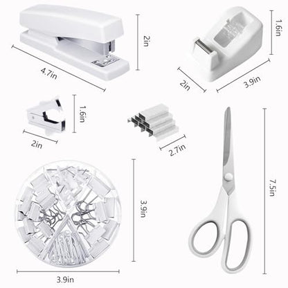 Office Supplies, White Desk Accessories,Desk Organizer,Phone Stand,Scissors,Stapler,Tape Dispenser,Binder clips,Staples,staple remover,Sticky Notes,Index Tabs,Clear Tape,Mini Box Cutter,Cool Pen.16pcs