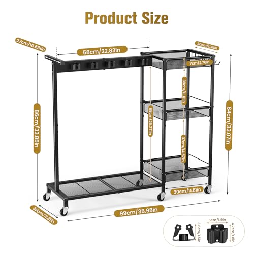 Broom Holder with Cleaning Supplies Organizer, Cleaning Utility Cart on Wheels, 10 Clips & 7 Hooks, 3-Tier Shelves, Broom Closet Storage Cabinet with Cleaning Caddy for Home Commercial Use