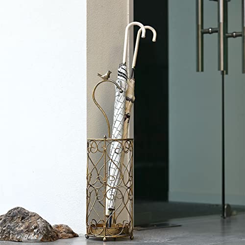 Umbrella Rack Stand,Umbrella Rack for Entryway,Canes Walking Sticks,Cast Iron Bird Handle and Drip Tray (Antique Gold) | Place cat wands or pet toys,Cast Iron Bird Handle And Drip Tray (Antique Gold)