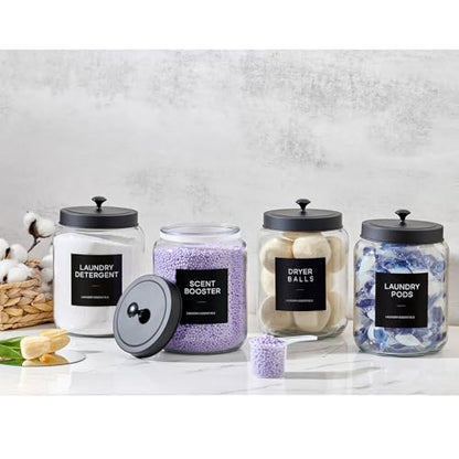 Glass Jars Laundry Containers with Lid, 0.5 Gallon Laundry Organization and Storage Jars, Laundry Detergent Container Laundry Powder Pods Holder, Glass Jar Wide Mouth with Scoops, Labels, 4 Pack