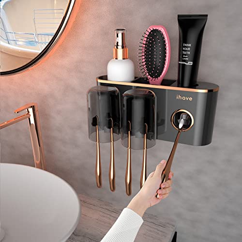 iHave Toothbrush Holders for Bathrooms Wall Mounted with Dispenser & 2 Cups | 6 Slots Wall Mount Toothbrush Holders for Bathrooms with Squeeze Toothpaste Dispenser, 2 Cups & 2 Compartments Organizer