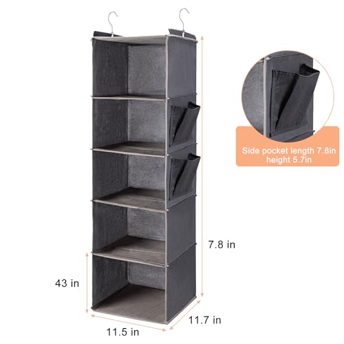 BOOMIBOO Hanging Closet Organize and Shelves,5-Hanging Shelf（2 Pack,Grey） | Dorm Room Essentials, Clothes Organizer with 2 Side Pockets, Hanging Shelves for Closet Storage, Breathable Fabric