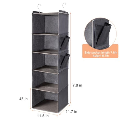 BOOMIBOO Hanging Closet Organize and Shelves,5-Hanging Shelf（2 Pack,Grey） | Dorm Room Essentials, Clothes Organizer with 2 Side Pockets, Hanging Shelves for Closet Storage, Breathable Fabric