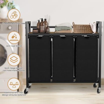 Laundry Sorter, Laundry Hamper 3 Section, 3×11.4Gal, Metal Frame Rolling Laundry Basket with Wooden Top Shelf, Pull out and Removable Laundry Bags, 3 Bags-Black