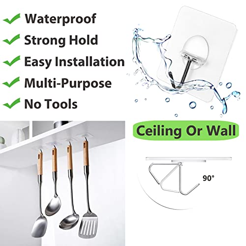 Adhesive Wall Hooks No Drill Clear Heavy Duty, 13LB Sticky 12 Pack | Waterproof Transparent Sticky Hooks for Hanging, 13lbs Max Load No Damage,Ideal for Towel,Coat,Bathroom,Kitchen,Home