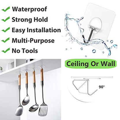 Adhesive Wall Hooks No Drill Clear Heavy Duty, 13LB Sticky 12 Pack | Waterproof Transparent Sticky Hooks for Hanging, 13lbs Max Load No Damage,Ideal for Towel,Coat,Bathroom,Kitchen,Home