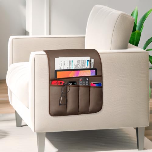 Remote Control Holder for Armchair Caddy, Remote Holder with 5 Pockets | Couch TV Remote Holder with Non-Slip Base, Bedside Caddy Organizer for Key Glasses Phone Magazine (Brown, 35"x12.4")