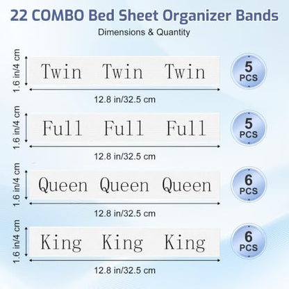 22 Pack Bed Sheet Organizer Bands, Elastic Bedding Bands Labels for Organizing Bed Sheets, Includes 6 Hook and Loop Adjustable Sheet Organizer Straps