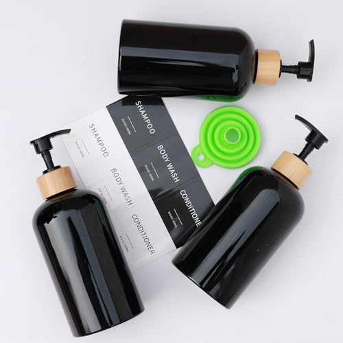 Shampoo and Conditioner Dispenser, Refillable Plastic Shampoo Pump Bottles with Waterproof Labels, Empty Body Wash Dispenser Set for Bathroom Shower, Black, Set of 3, 16.9oz