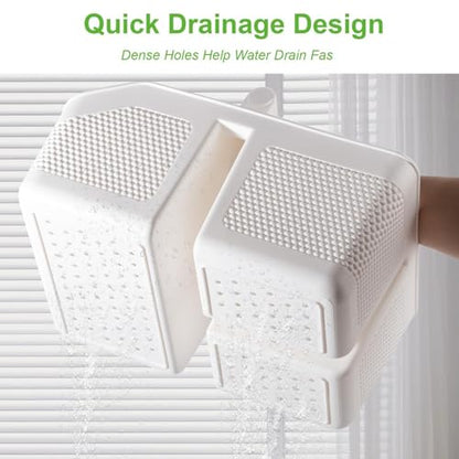 Plastic Shower Caddy Portable Shower Basket with Bamboo Handle, White | Cleaning Caddy Organizer Storage Tote for Bathroom, College Dorm Essentials, Bath Toy Storage