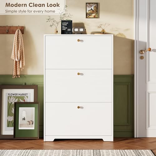 Shoe Cabinet with 3 Flip Drawers, Narrow Shoe Organizer Cabinet, Freestanding Shoe Rack Cabinet, Modern Shoe Storage Cabinet for Entryway, Hallway, Foyer, White
