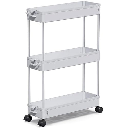 SPACEKEEPER Slim Rolling Storage Cart, 3 Tier Bathroom Cart Organizer, Gray | Narrow Rolling Cart with Wheels for Kitchen Office Bathroom Laundry Room,Mobile Utility Cart for Craft Art Makeup Nail Polish