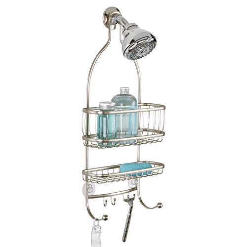 iDesign York Metal Wire Hanging Shower Caddy, Satin Silver | Extra Wide Space, 9.75" x 4" x 22", Hooks for Razors, Towels, For Shampoo, Conditioner, Soap
