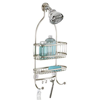 iDesign York Metal Wire Hanging Shower Caddy, Satin Silver | Extra Wide Space, 9.75" x 4" x 22", Hooks for Razors, Towels, For Shampoo, Conditioner, Soap