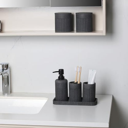 INIUNIK Bathroom Accessory Set, 6 Pieces, Dark Grey | Resin, Bathroom Accessories Set, Includes Soap Dispenser Set, Toothbrush Holders, Tumbler, Vanity Tray & 2 Qtip Holder