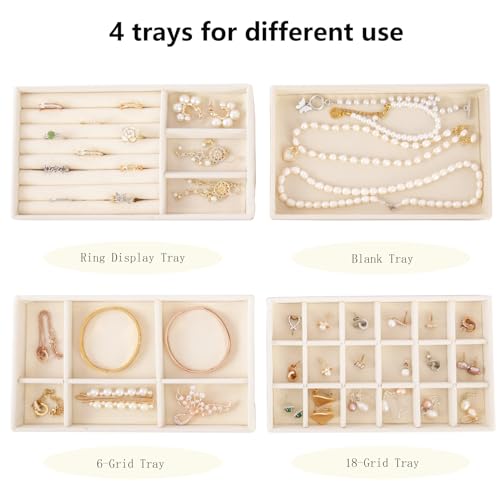 Velvet Jewelry Organizer for Drawer, Stackable Jewelry Drawer Inserts in Dresser, 8in Beige Storage Display Case for Rings Stud Necklaces Accessories, Set of 4