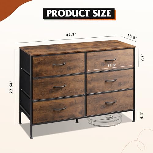 WLIVE Dresser for Bedroom with 6 Fabric Drawers, Rustic Brown | Closet Dresser, Metal Frame, Wooden Top, Fabric Dresser for Closet, Living Room, Hallway