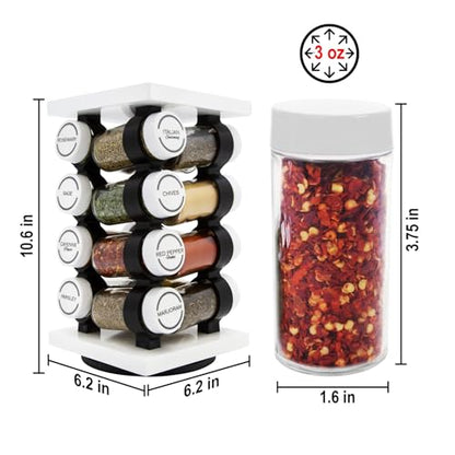 16 Jar Rotating White Spice Rack | Spices Included, 5-Year Spice Refill Program, Compact Countertop, Glass Jars