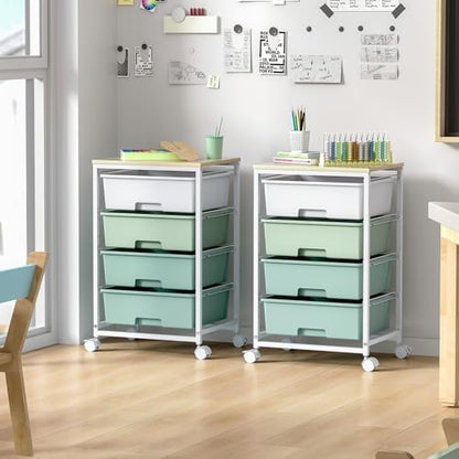 Rolling Cart with Drawers, 4-Drawer Utility Cart, Green | Rolling Storage Cart with Drawers, Storage Rolling Drawer Cart with Wooden Tabletop for Bedroom, Dorm, Classroom, Office