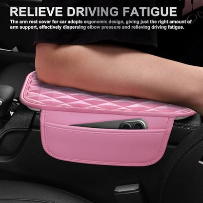 CAR PASS 3D Rhombus Leather Steering Wheel Cover Car Accessories Set, Comfortable Center Console Armrest Cushion with Storage Bags 2 Non-Slip Cup Coasters, 14.5-15in Cute Car Interior Sets, 4 PCS Pink