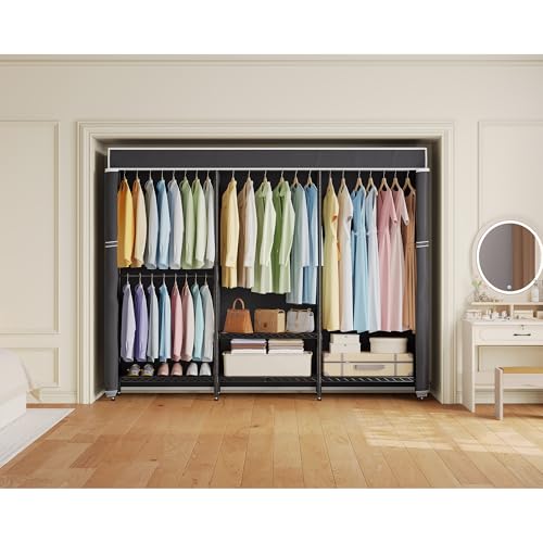 Higeego H8 Heavy Duty Clothes Rack with Cover, Black Portable Closet | Garment Rack with Cover, Clothing Rack for Hanging Clothes, Black Closet Rack with Oxford Dustproof Cover, Closet Organizer