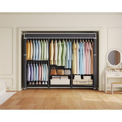Higeego H8 Heavy Duty Clothes Rack with Cover, Black Portable Closet | Garment Rack with Cover, Clothing Rack for Hanging Clothes, Black Closet Rack with Oxford Dustproof Cover, Closet Organizer