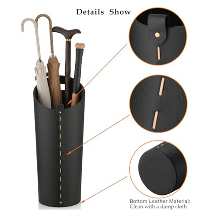 Black Umbrella Holer for Entryway with Drip Tray and 2 Steel Hooks Leahter Tall 22.44 Inches Umbrella Stand Rack Indoor Can Store 10 Golf Umbrellas or Crutches Toy Swords etc