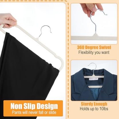 20 Pack Velvet Pants Hangers, Felt Hangers Non Slip with 360 Swivel Hook, Space Saving Slim Closet Organizer for Jean, Scarf, Towel, Coat, Beige