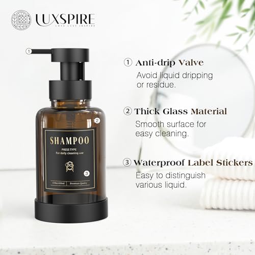 Luxspire Glass Foaming Soap Dispenser 15oz Hand Soap Bottle, Amber, 2 Pack | Anti-drip pump, wide mouth easy refill, non-slip silicone base, 5 waterproof labels, refillable glass for hand dish soap