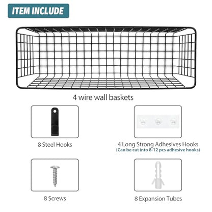 4 Set [EXTRA LARGE] Hanging Wall Mount Storage Baskets with Adhesive Hooks & Steel Hooks, Multiuse Sturdy Wire Metal Organizing Baskets for Home Kitchen Bathroom Pantry Utility Organizer, Black